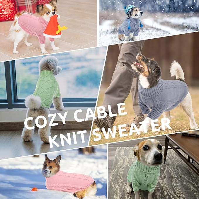 Queenmore Small Dog Pullover Sweater, Cold Weather Cable Knitwear, Classic Turtleneck Thick Warm Clothes for Chihuahua, Bulldog, Dachshund, Pug, Yorkie (Grey, X-Small)