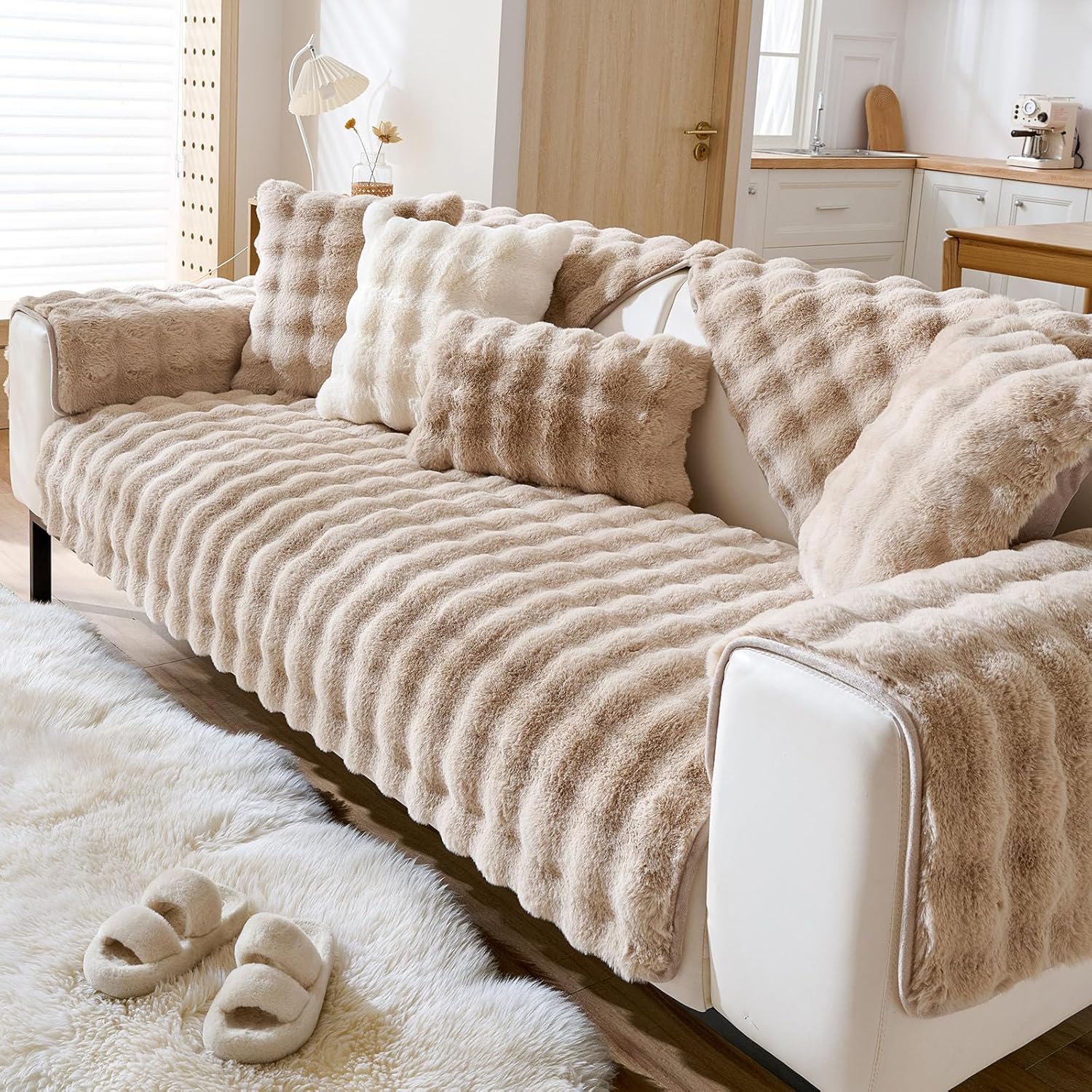 Faux Fur Armrest Cover Backrest Cover Fuzzy Plush Thick Bubble Sofa Cover Luxury Soft Cozy Couch Cover Anti-Slip Sofa Slipcover Washable Furniture Protector (Khaki,28"x28")