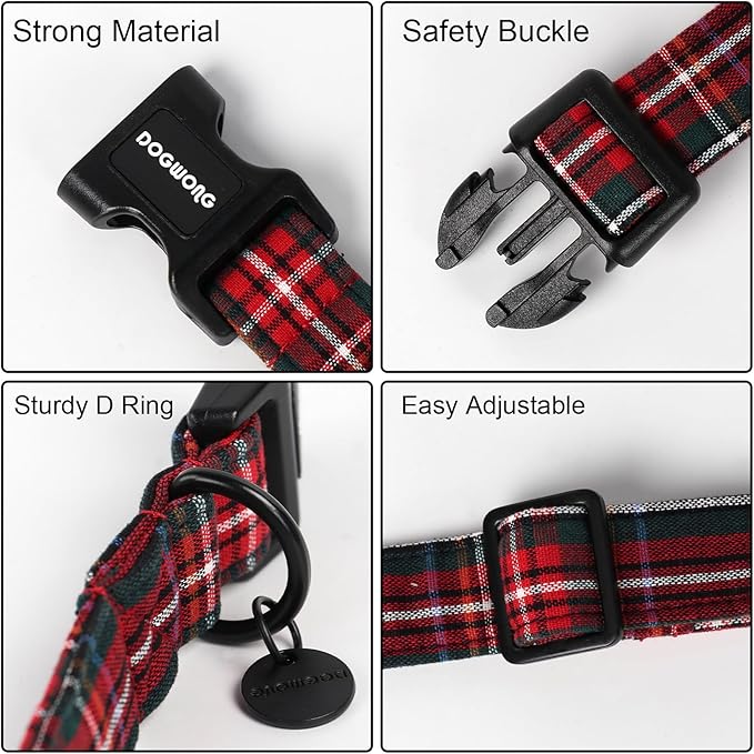 DOGWONG Christmas Cotton Dog Collar, Heavy-Duty Red Plaid Dog Collar Durable Soft Fabric Pet Dog Collars Cute Christmas Checked Puppy Necklace for Small Dogs