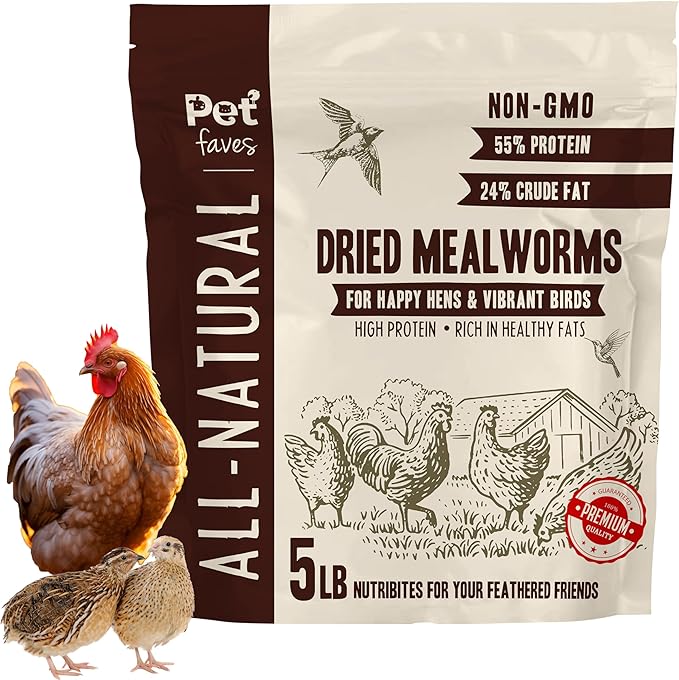 Dried Mealworms for Chickens, Birds, Hamster, Reptile and Turtle - Premium Non-GMO Treats with 55% Protein for Laying Hens - Organic Food for Wild Bird, Bluebirds, Robins, Cardinals. 5 Lb