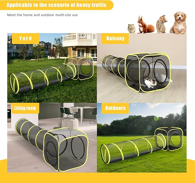 Outdoor Cat Enclosure & Tunnel - Portable Mesh Tent, Cat Playhouse with Adjustable Harness & Leash, Colorful Tease Ball