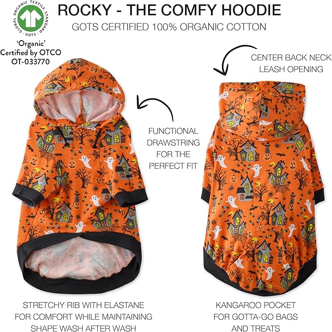 Rocky – The Orginal Lightweight Hooded TEE 100% Organic Cotton Dog Hoodie Pet Coat Sweater for Small, Medium, Large Dogs, Spooky, Large