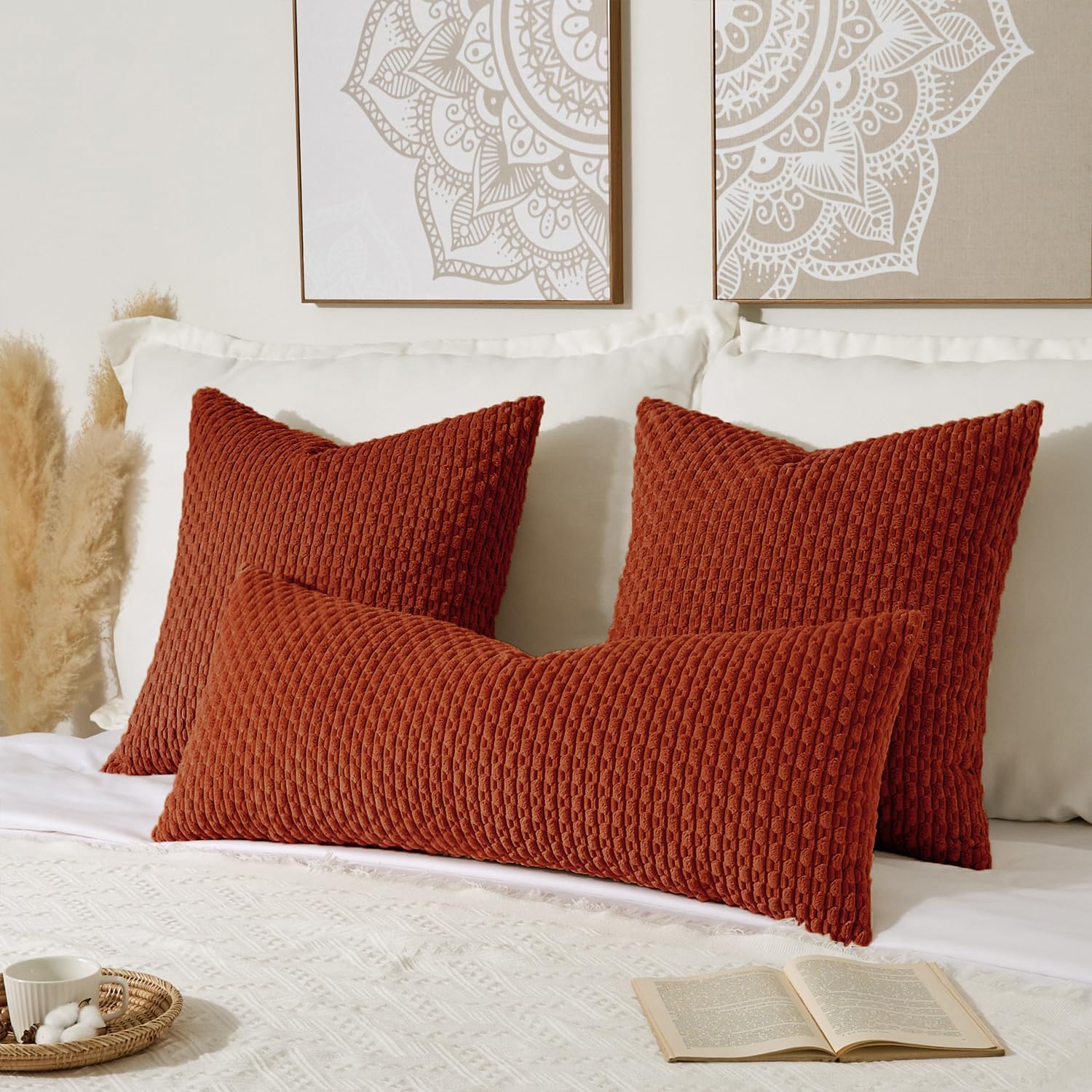 Kevin Textile Fall 14x36 Inch Long Lumbar 1 Pack Boho Decorative Throw Pillow Cover Soft Striped Corduroy Rectangle Cushion Case Farmhouse Solid Accent for Living Room Couch Sofa Bed, Burnt Brick