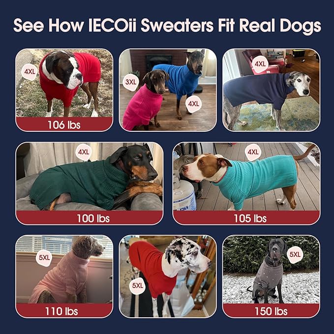 IECOii Extra Large Dog Sweater 4XL,Thermal Warm Dog Sweaters for Giant Breed Dogs,Turtleneck Knitted Knitwear for Pet Winter,Stretchy&Easy On Doggy Sweatshirt for Doberman,Great Dane(Black,XXXXL)