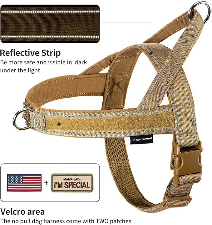 Annchwool No Pull Dog Harness with Soft Padded Handle,Reflective Strip Escape Proof and Quick Fit to Adjust Dog Harness,Easy for Training Walking for Small & Medium and Large Dogs(Brown,XL)