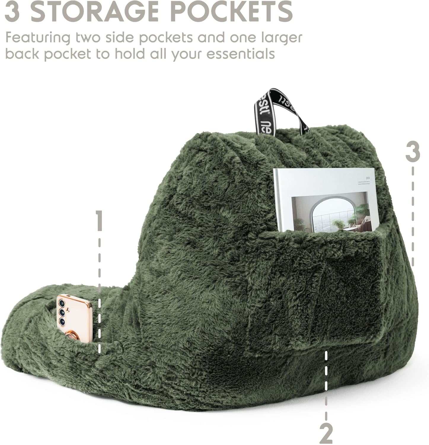 Nestl Fur Reading Pillow, Stylish Back Pillow for Bed Sitting Up, Faux Fur Bed Chair Pillow with Arms, Reading Pillows for Sitting in Bed Adult & Kids, Back Support Pillow for Bed Rest - Olive Green