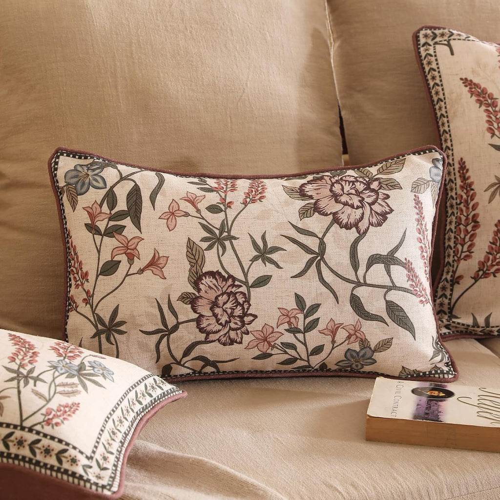 ISAENNE Design Linen Vintage Throw Pillow Covers 12"x20", Rectangle Cushion Covers with Blue Pink Flowers Green Leaves Pattern Decoration Pillowcases for Bed,Living Room,Outdoor,Car