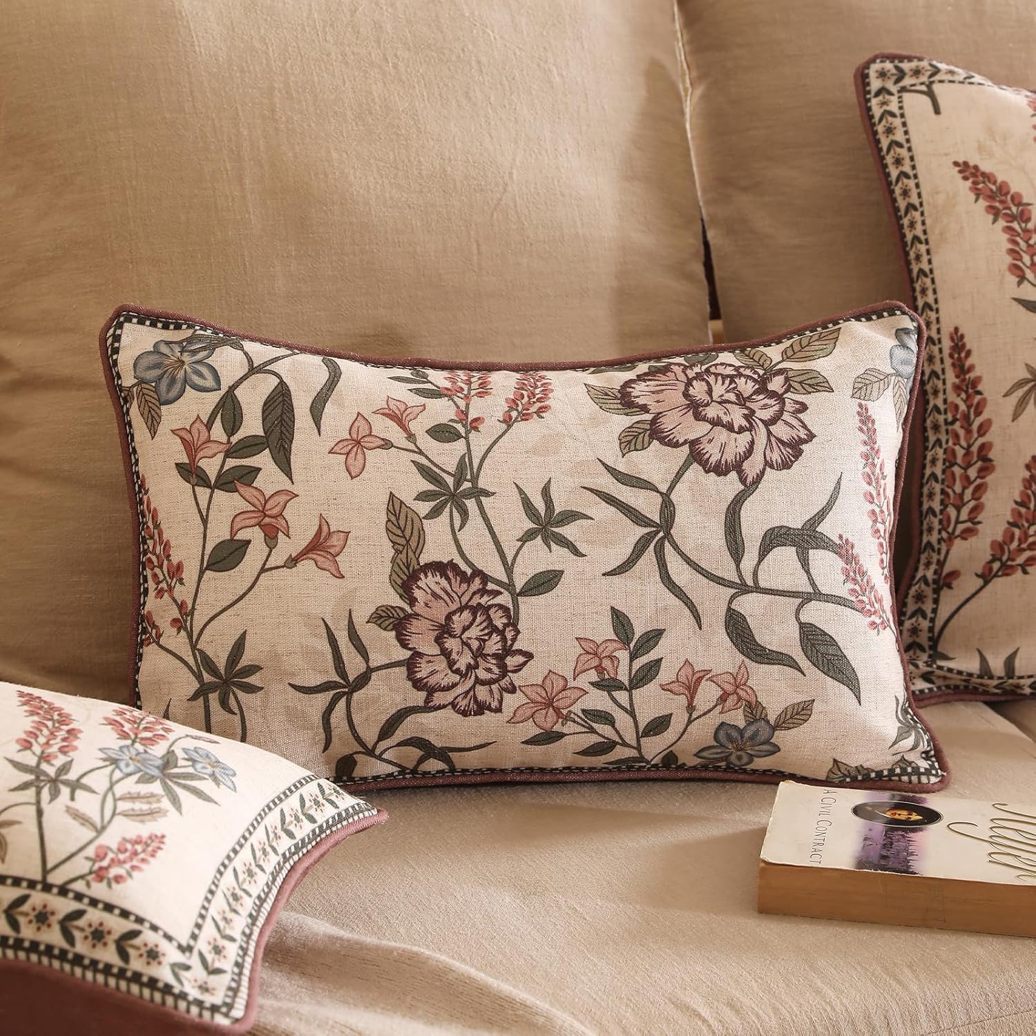 ISAENNE Design Linen Vintage Throw Pillow Covers 12"x20", Rectangle Cushion Covers with Blue Pink Flowers Green Leaves Pattern Decoration Pillowcases for Bed,Living Room,Outdoor,Car