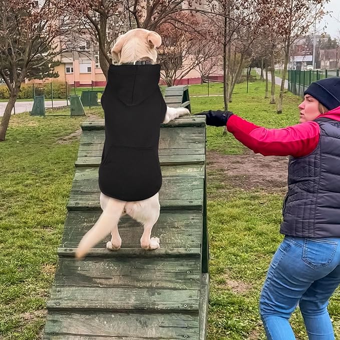 Dog Sweaters,Dog Hoodie,Cozy Fleece Interior Sweatshirt with Hood & Pocket,Leash Hole,Pet Clothes Sweater for Small,Medium,and Large Dogs,Black&XL