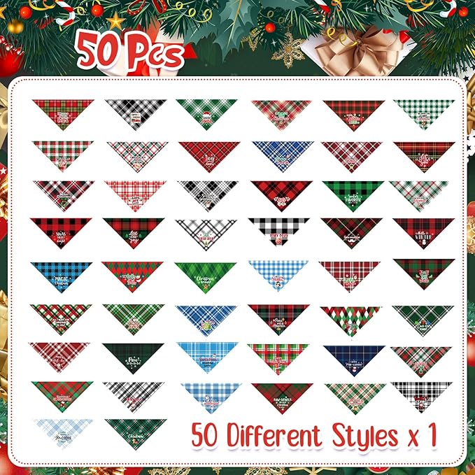 Abbylike 50 Pcs Dog Bandanas Bulk Pet Scarfs Triangle Bibs Adjustable Washable Puppy Kerchief Seasonal Pet Costume Accessories Grooming Supplies for Small Medium Large Dogs Cats(Christmas Plaid Dog)