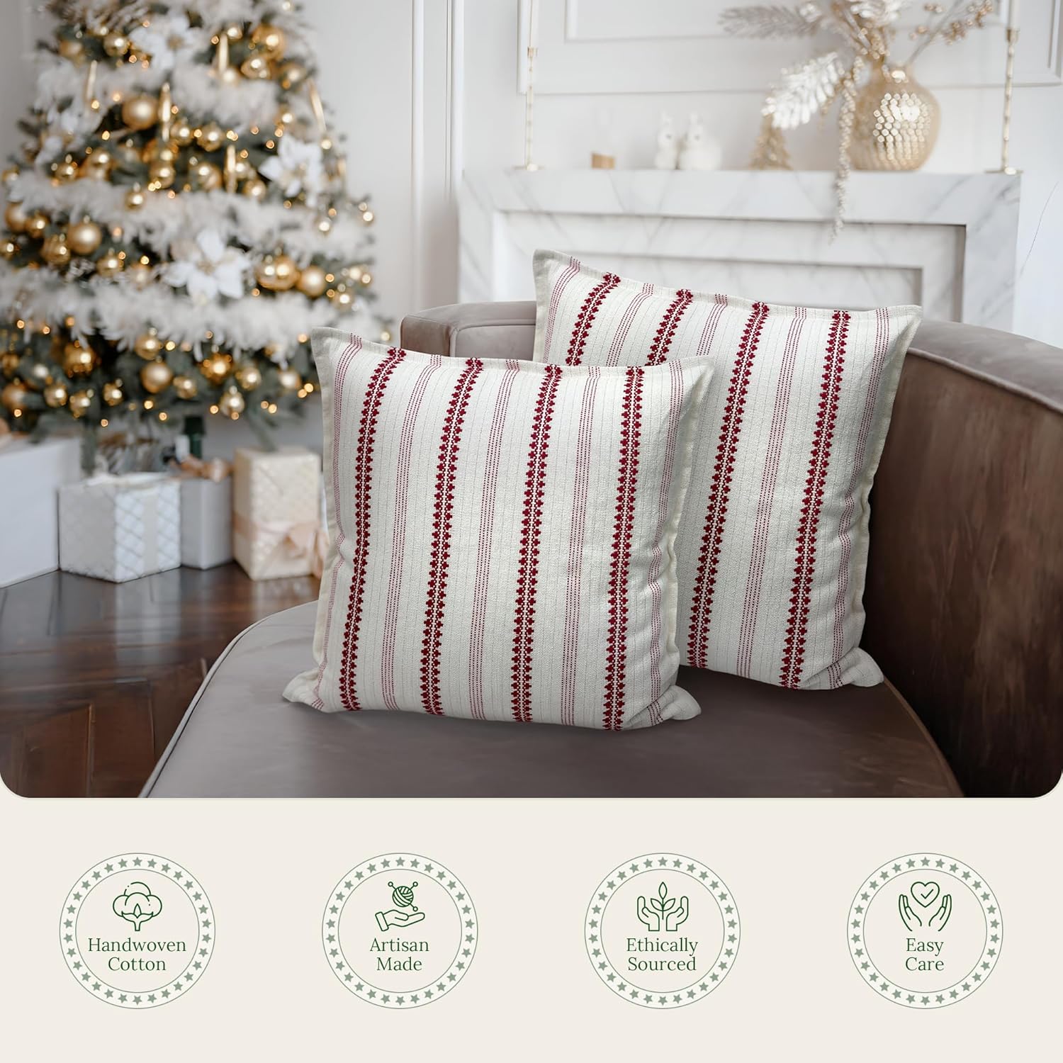 SanVia Winterberry Premium Cotton Throw Pillow Covers,20x20 inch,Red White Shimmer Stripe,Luxury Holiday Themed Handwoven Couch Pillow Covers,Hidden Zipper,Home Décor Cushion Cover,Insert Not Included