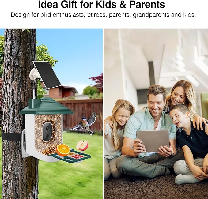Smart Bird Feeder with Camera,AI Identify Species,Bird House with Solar Powered,Instant Arrival Alerts,2K Capture Video,Live View for Lover (Blackish Green)