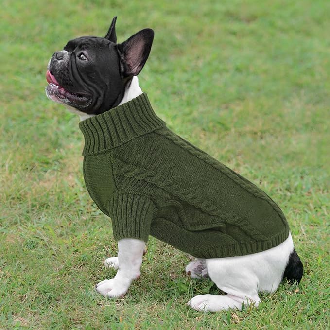 Queenmore Small Dog Pullover Sweater, Cold Weather Cable Knitwear, Classic Turtleneck Thick Warm Clothes for Chihuahua, Bulldog, Dachshund, Pug (Army Green, Medium)