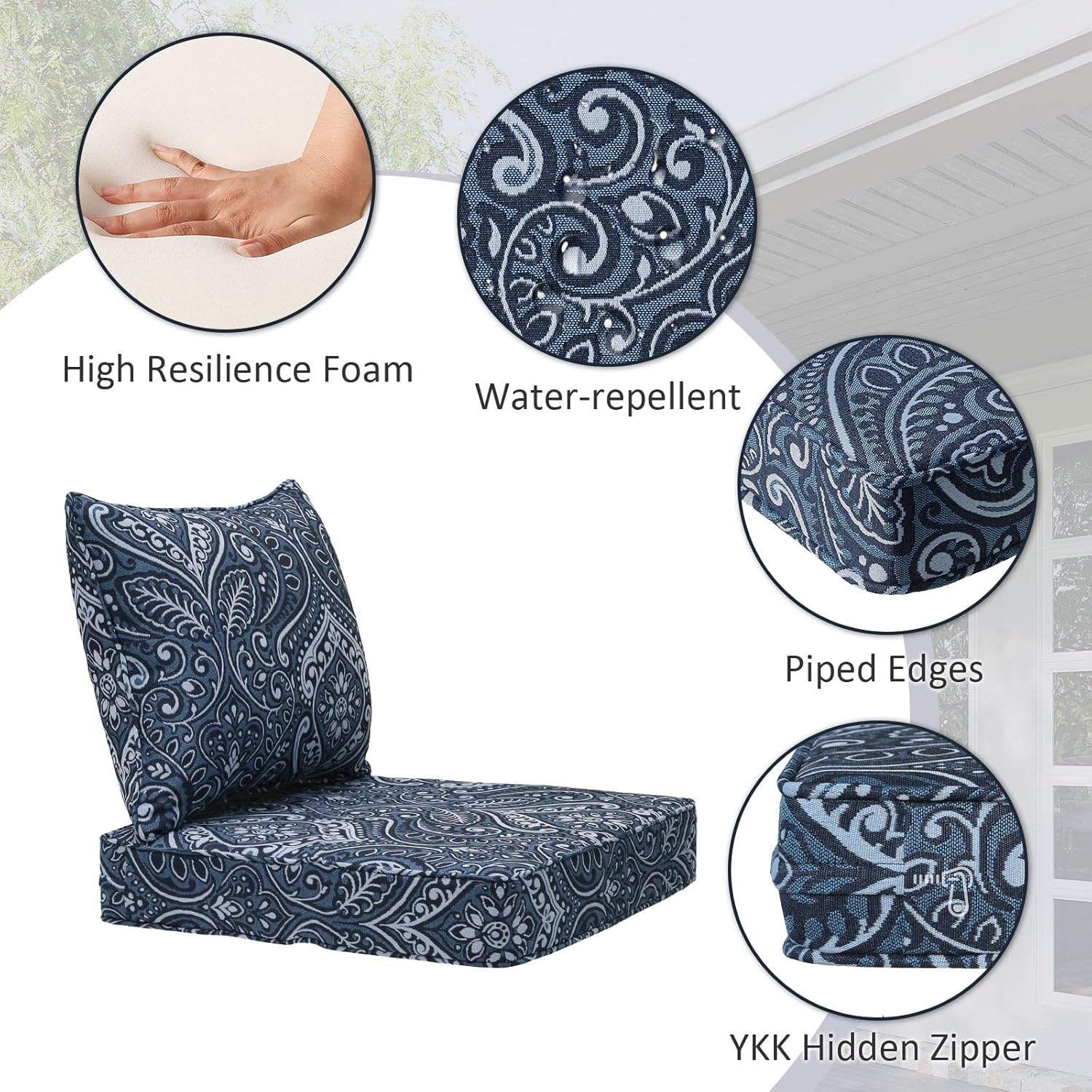 Outdoor Patio Chair Cushions Set, 22" x 22", Set of 2, Water-Repellent, Fade Resistant, Deep Seat Bottom and Back Cushion for Backyard, Couch, Sofa and Patio Furniture, Damask Blue Flower