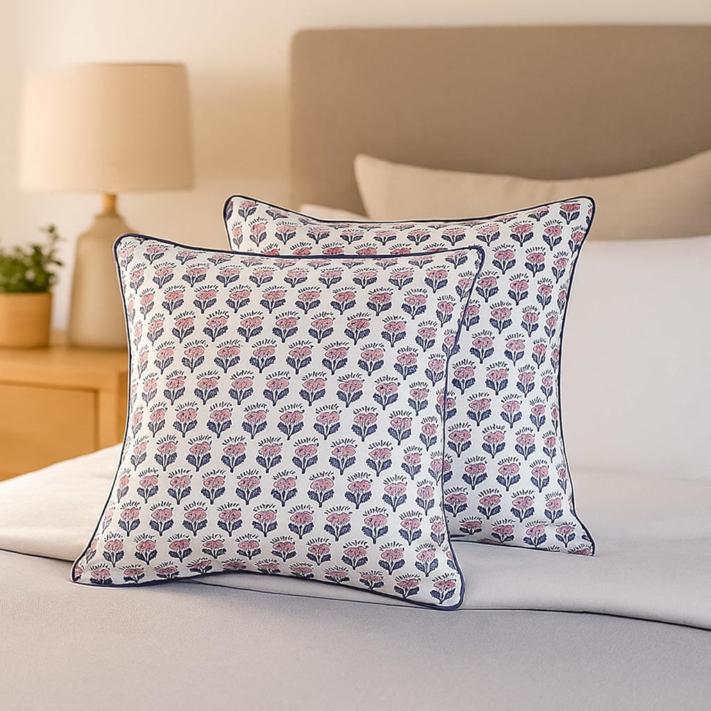 SheetKart Pure Cotton Throw Pillow Covers - Set of 2 - Hand Block Pure Cotton Printed Boho Decorative Pillow Covers - Cushion Covers for Living Room, Bohemian Theme, 16 x 16 Inches, Lavender Whisper