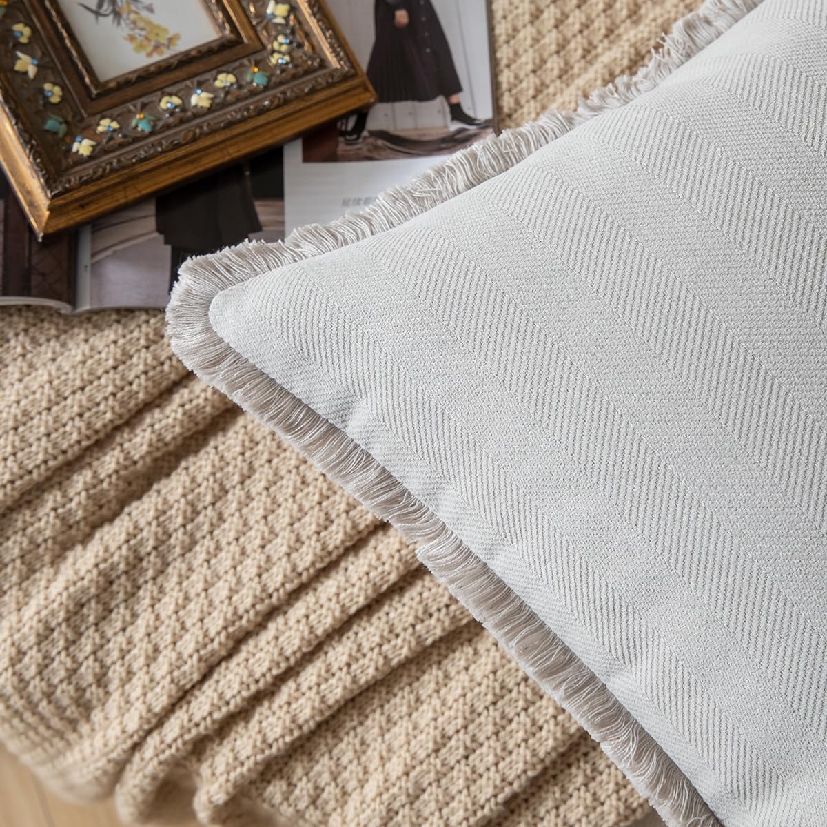 Set of 2 Decorative Fringe Throw Pillow Covers Chenille Pillow Covers Elegant Design Pillowcase Soft Tassels Cushion Cover for Couch Bed Home Decor,22×22 Inch,Light Gray