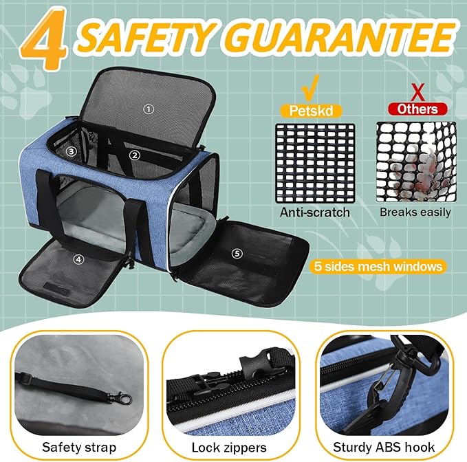 Petskd Pet Carrier 17x12x8.5 JetBlue Allegiant Airline Approved,Pet Travel Carrier Bag for Small Cats and Dogs, Soft Dog Carrier for 1-8 LBS Pets,Dog Cat Carrier with Safety Lock Zipper(Blue)