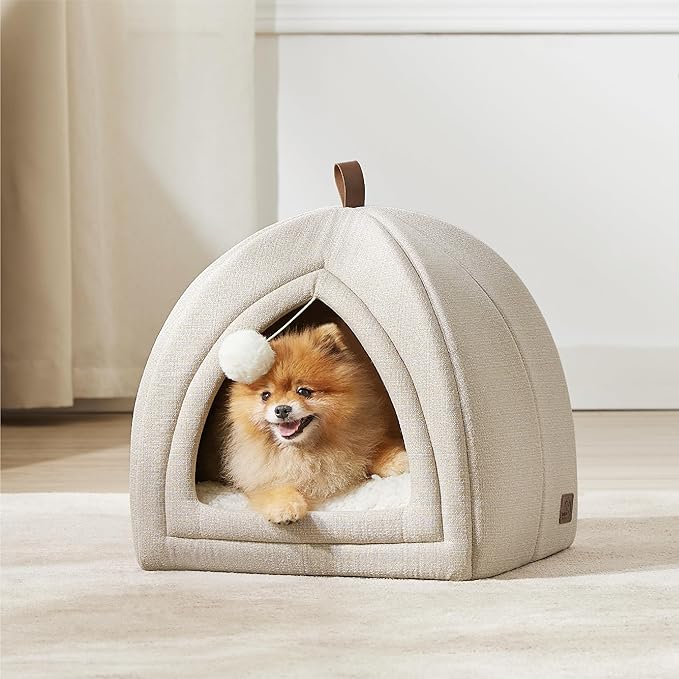 Bedsure Cat Beds for Indoor - 2 in 1 Cat Cave House Tent for Kittens and Small Pets with Removable Washable Cushioned Pillow, Foldable Kitten Hideaway with Non-Slip Bottom, Beige, 17.3 inches