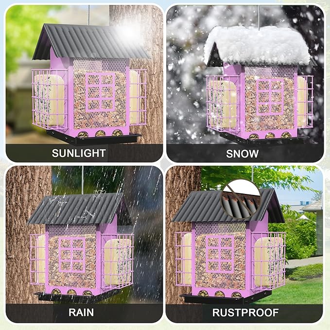 Bird Feeders for Outdoors Hanging, Metal Bird Feeder with Double Suet Cage Cake, Large Capacity, Birdfeeders Sturdy & Weatherproof, Easy to Clean & Refill, Great for Attracting Wild Birds