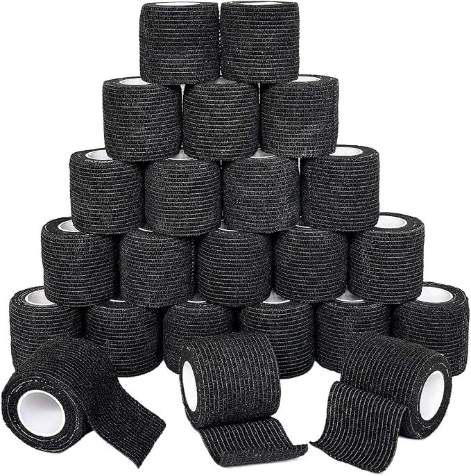 24 Rolls Self Adhesive Bandage Wrap, Vet Wrap 2 Inch, Dogs Bandages for Wounds Care Dressings, Elastic Self Stick Cohesive Bandage Wrap, Leg Wraps, Wrist Tape, Ankle, Sports, Tatto Grip Tape (Black)