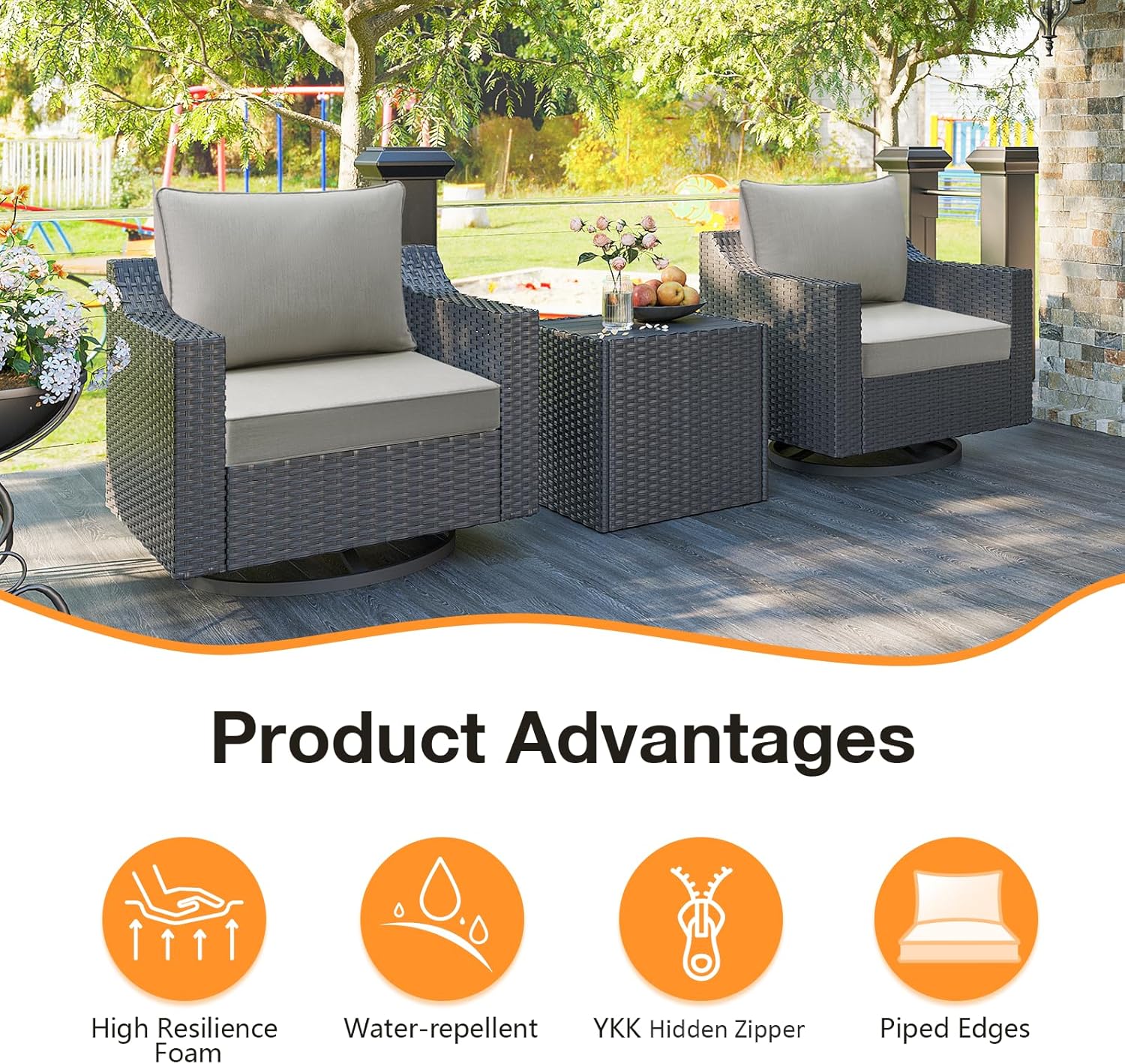 Sunbrella Outdoor Chair Cushions Set, 22" x 22", Set of 2, Water-Repellent, Fade Resistant, Deep Seat Bottom and Back Cushion for Backyard, Couch, Sofa and Patio Furniture, Specrtum Pebble