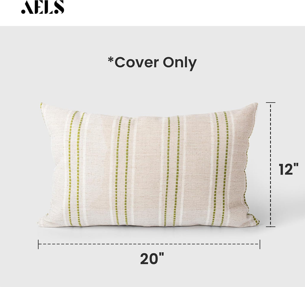 AELS 12x20 Decorative Farmhouse Linen Throw Pillow Covers, Boho Textured Pillow Case, Set of 2, Beige with White & Green Stitch Yarn Dyed Stripe Cushion Cover for Sofa Couch Living Room (Cover ONLY)