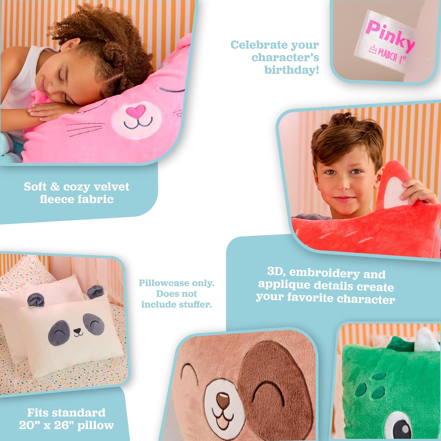 Saint Eve Kids Pillow Pals Fuzzy Pillow Case, Cute Animal Friends Soft Pillow Cover for Kids Beds and Nap Time - Pinky The Unicorn