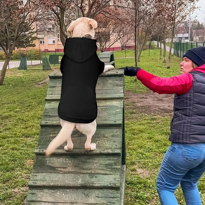 Dog Sweaters for Large Dogs,Dog Hoodie,Warm Fleece Sweatshirt with Hood & Pocket,Leash Hole,Cozy Cold Weather Pet Clothes Sweater Hoodie for Large Dogs(Black,L)