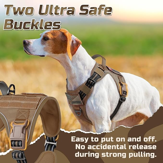 rabbitgoo Tactical Dog Harness Medium Sized Dog, No Pull Military Service Vest with Handle & Molle, Easy Control for Training Walking, Adjustable Reflective Straps, Brown, M