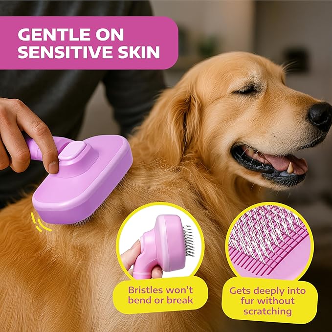 Hertzko Self Cleaning Slicker Brush for Cats & Dogs – Grooming Tool for Shedding Long & Short Hair – Retractable Bristles – Easy-Clean Cat & Dog Deshedding Brush – Painless Detangling - Pink