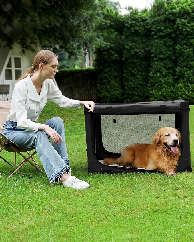 36 Inch Collapsible Travel Dog Crate for Medium Large Dogs, Portable Dog Crate 4-Door Foldable Soft Kennel with Durable Mesh Windows for Indoor & Outdoor Travel, with Storage Bag,Black
