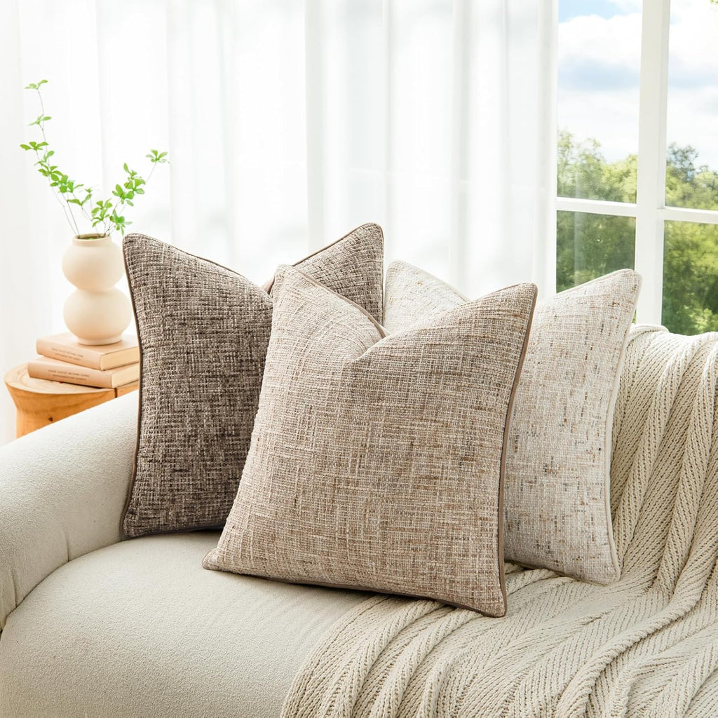 a moment Khaki Reversible Pillow Covers 2 Pack - Farmhouse Chenille Throw Pillows, Neutral Textured Decorative Throw Pillow Covers with Border for Couch Sofa Bed (12x20 Inch, No Insert)