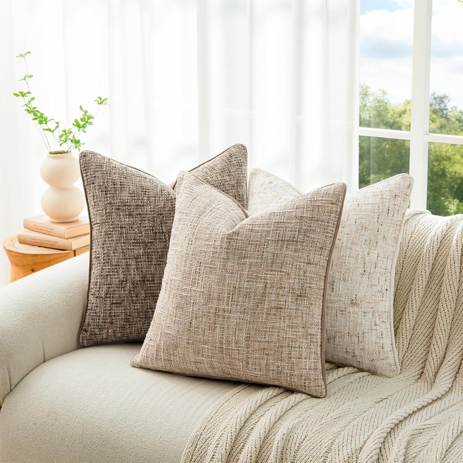 a moment Khaki Reversible Pillow Covers 2 Pack - Farmhouse Chenille Throw Pillows, Neutral Textured Decorative Throw Pillow Covers with Border for Couch Sofa Bed (12x20 Inch, No Insert)