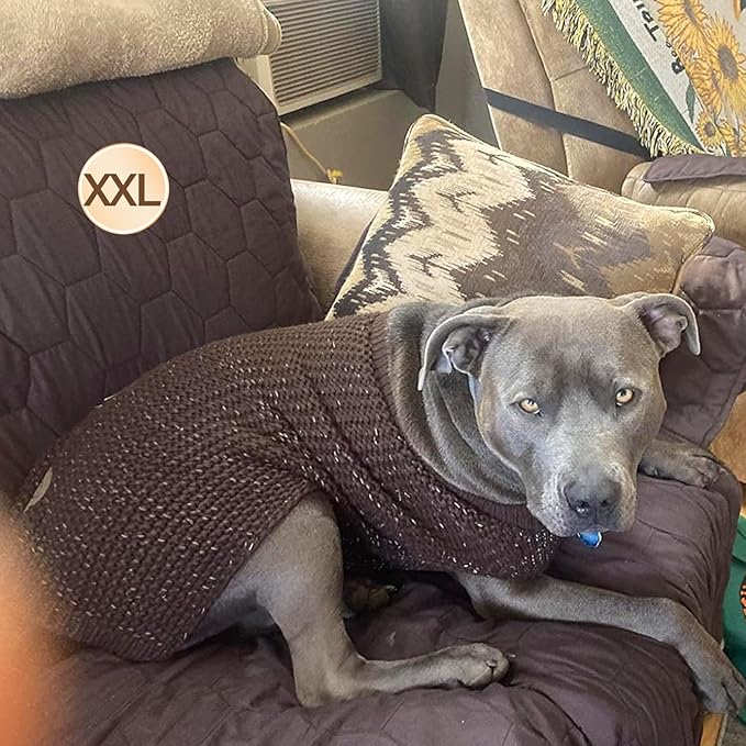 KYEESE Dog Sweater for Large Dogs with Leash Hole Warm Pullover with Reflective Yarn Male Thick Stretchy Knitwear Winter Soft Pet Coat boy for Cold Weather Comfy Dog Sweaters, Khaki, XX-Large