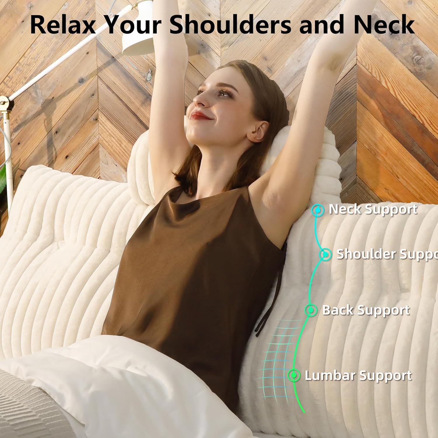 Faux Fur Headboard Pillow King Size, Triangular Wedge Backrest with Removable Head Roll & Side Pocket, Reading Pillow for Bed, Couch, Floor - Ergonomic Support for Neck, Back, Ivory