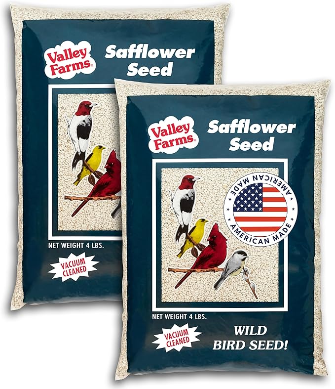 Valley Farms Safflower Seed Wild Bird Food 4 LB 2-Pack (8 LB Total) for Outside Feeders, Safflower Bird Seed for Cardinals, Grosbeaks, and Buntings, Cardinal Birdseed for Outside Feeders