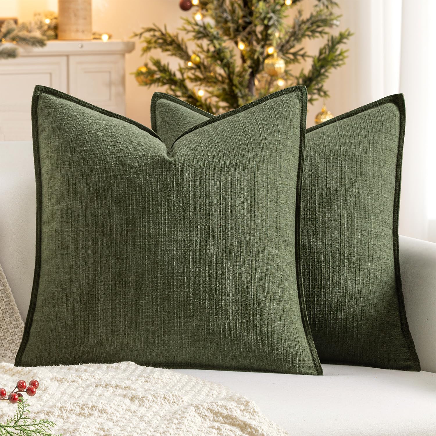 MIULEE Christmas Decorative Euro Sham Pillow Covers 24x24, 2 Pack Large Boho Farmhouse Neutral Throw Pillows for Bed, Thick Textured Modern Linen Cushion Cases Couch Living Room Home Decor, Dark Green