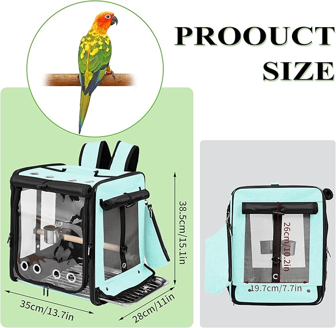 Sanmoncare Bird Carrier for Car Travel with Seat Belt, Indestructible Stainless Steel Mesh Parrot Backpack Travel Cage