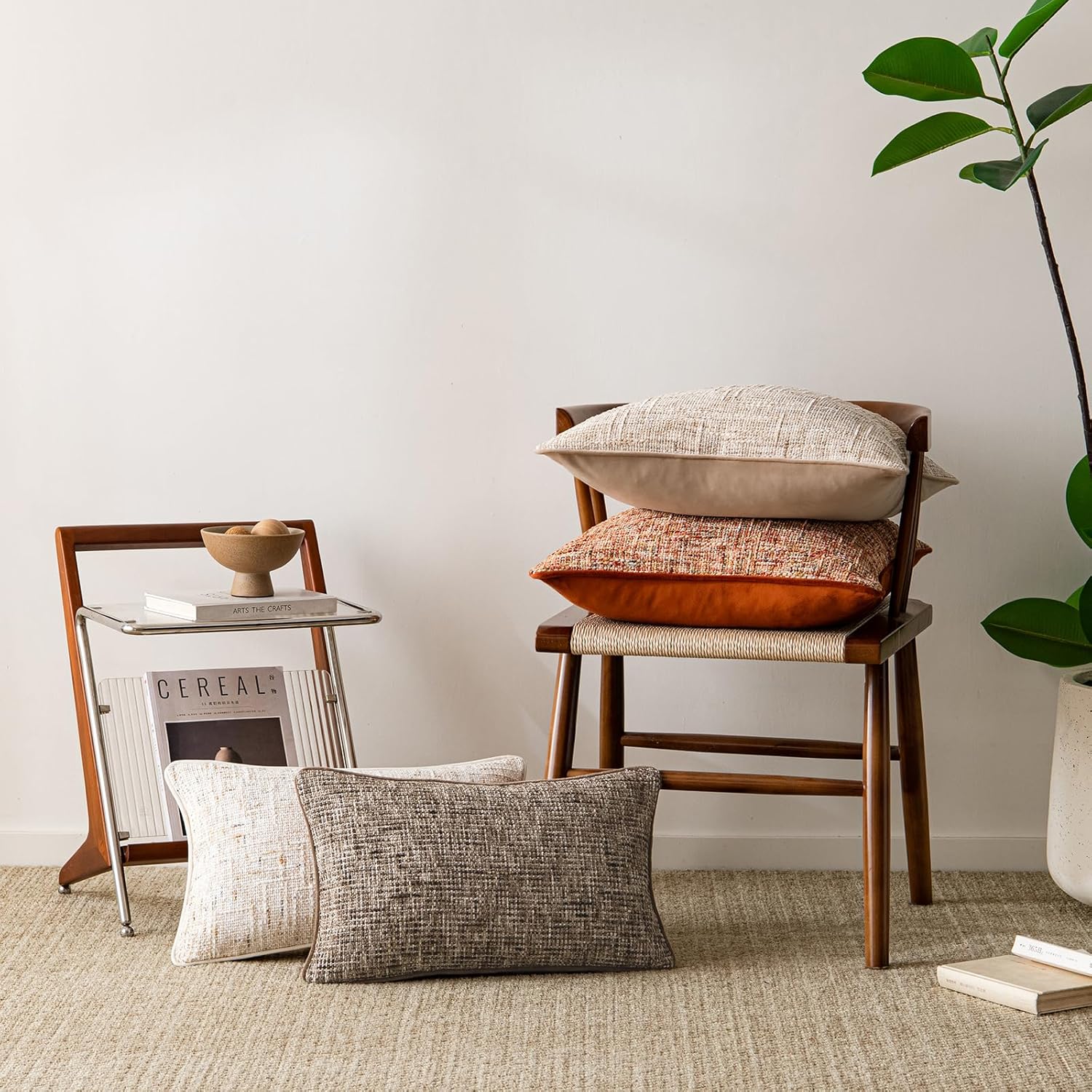 a moment Brown Reversible Pillow Covers 2 Pack - Farmhouse Chenille Throw Pillows, Neutral Textured Decorative Throw Pillow Covers with Border for Couch Sofa Bed (20x20 Inch, No Insert)