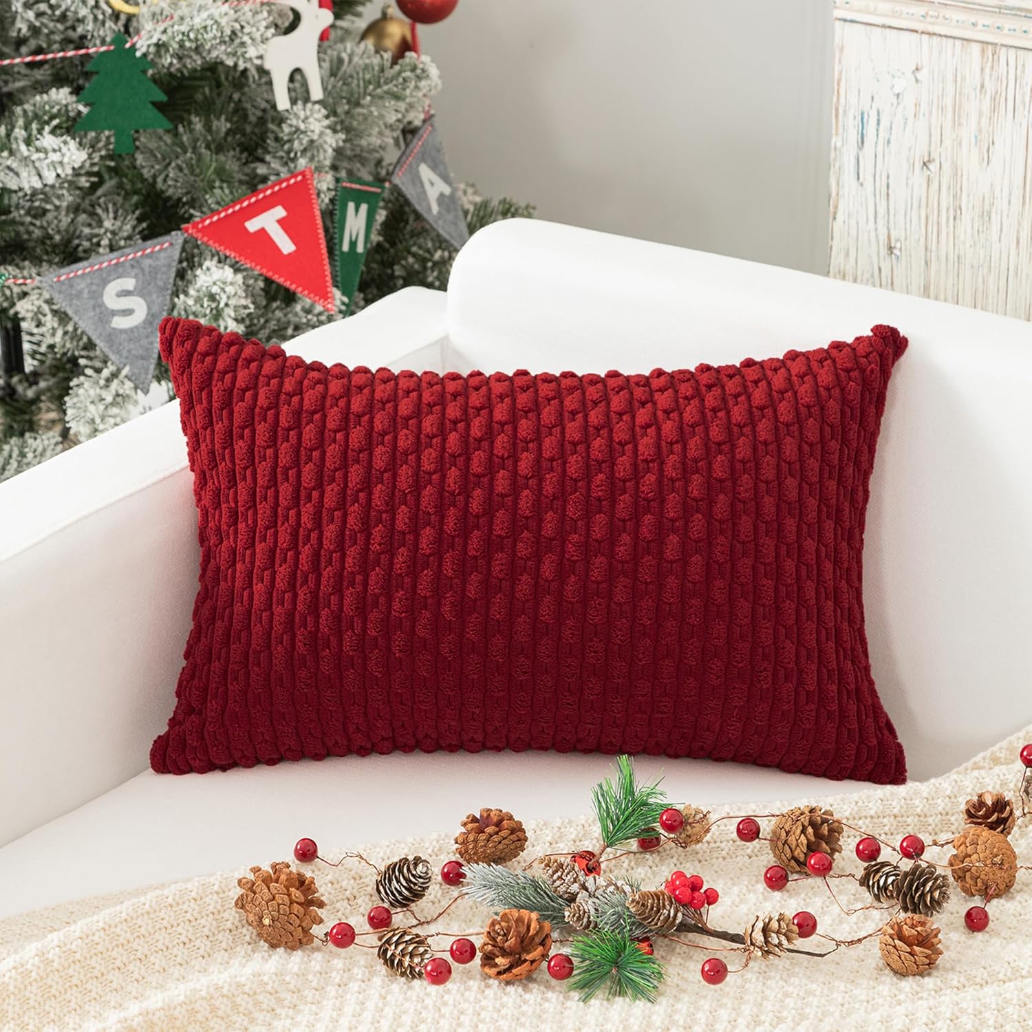 Kevin Textile 12x24 Inch Pillow Cover 1 Pack Boho Christmas Decorative Soft Striped Corduroy Lumbar Farmhouse Color Accent Rectangle Cushion Case for Living Room Couch Sofa Bed, Burgundy