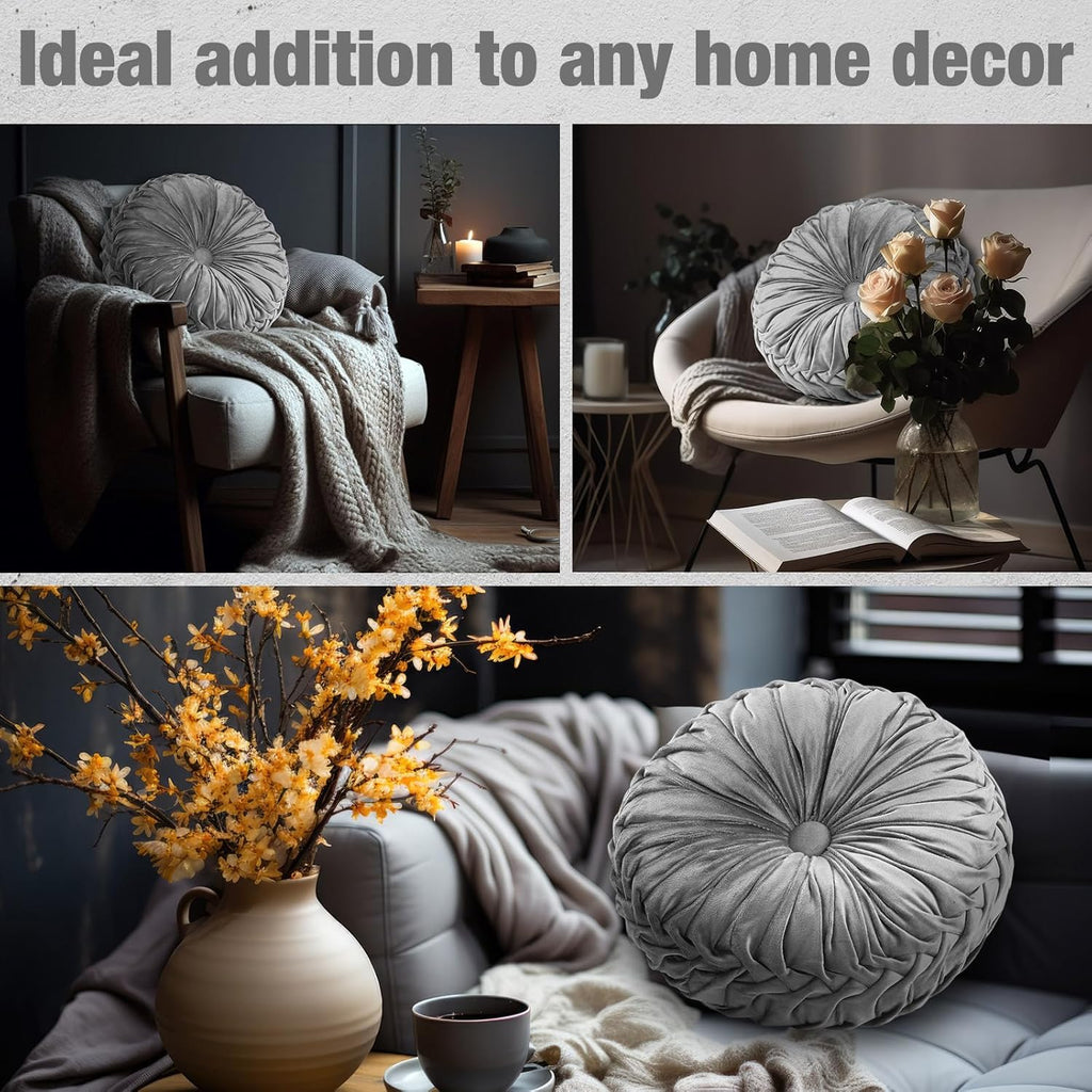 2 Pcs Round Throw Pillows 15 Inch Decorative Velvet Pleated Pumpkin Floor Boho Pillows for Living Room Couch Chair Bed Sofa (Gray)