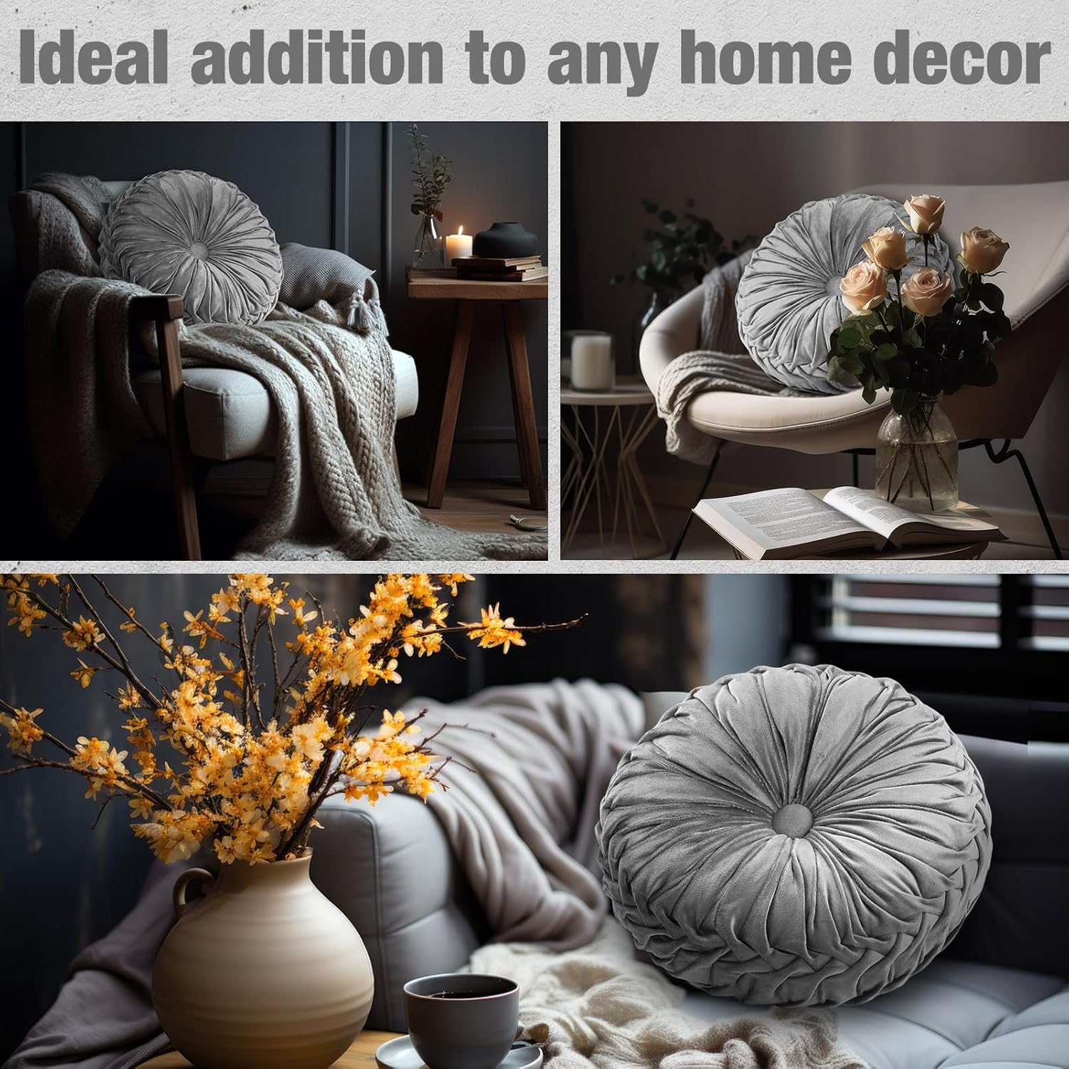 2 Pcs Round Throw Pillows 15 Inch Decorative Velvet Pleated Pumpkin Floor Boho Pillows for Living Room Couch Chair Bed Sofa (Gray)