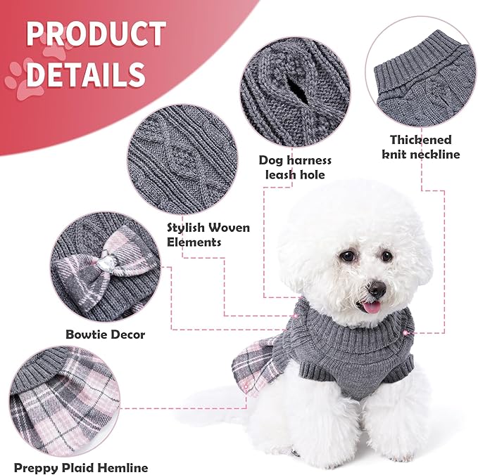 WOYYHO Girl Dog Sweater Dress with Bowtie Turtleneck Small Dogs Sweater with Leash Hole, Knitted Small Dog Sweaters Dress Puppy Winter Clothes for Yorkies Chihuahua (Medium, Gray)