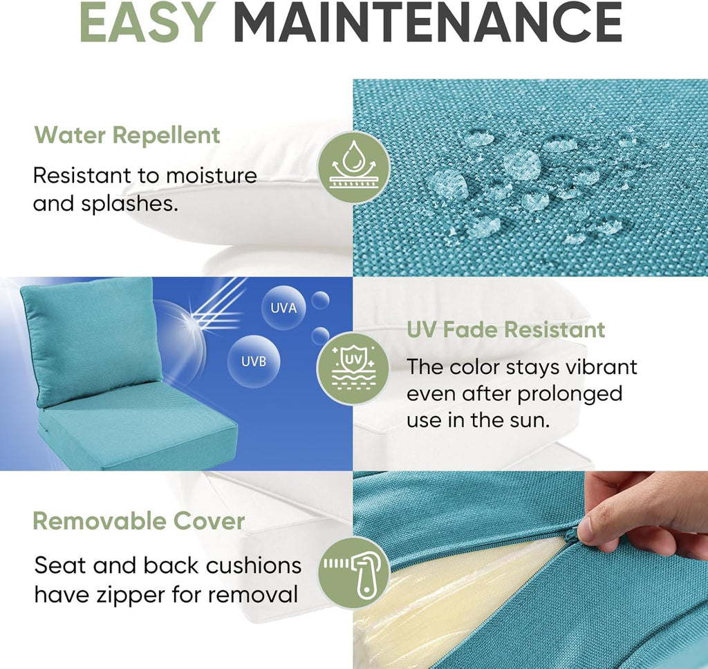 Outdoor Chair Cushion Set, 24x24 Waterproof Patio Chair Cushions, 6" Thickened Seat Cushions for Outdoor, Include 1 Seat Cushion and 1 Back Cushion, Thick/CyanBlue