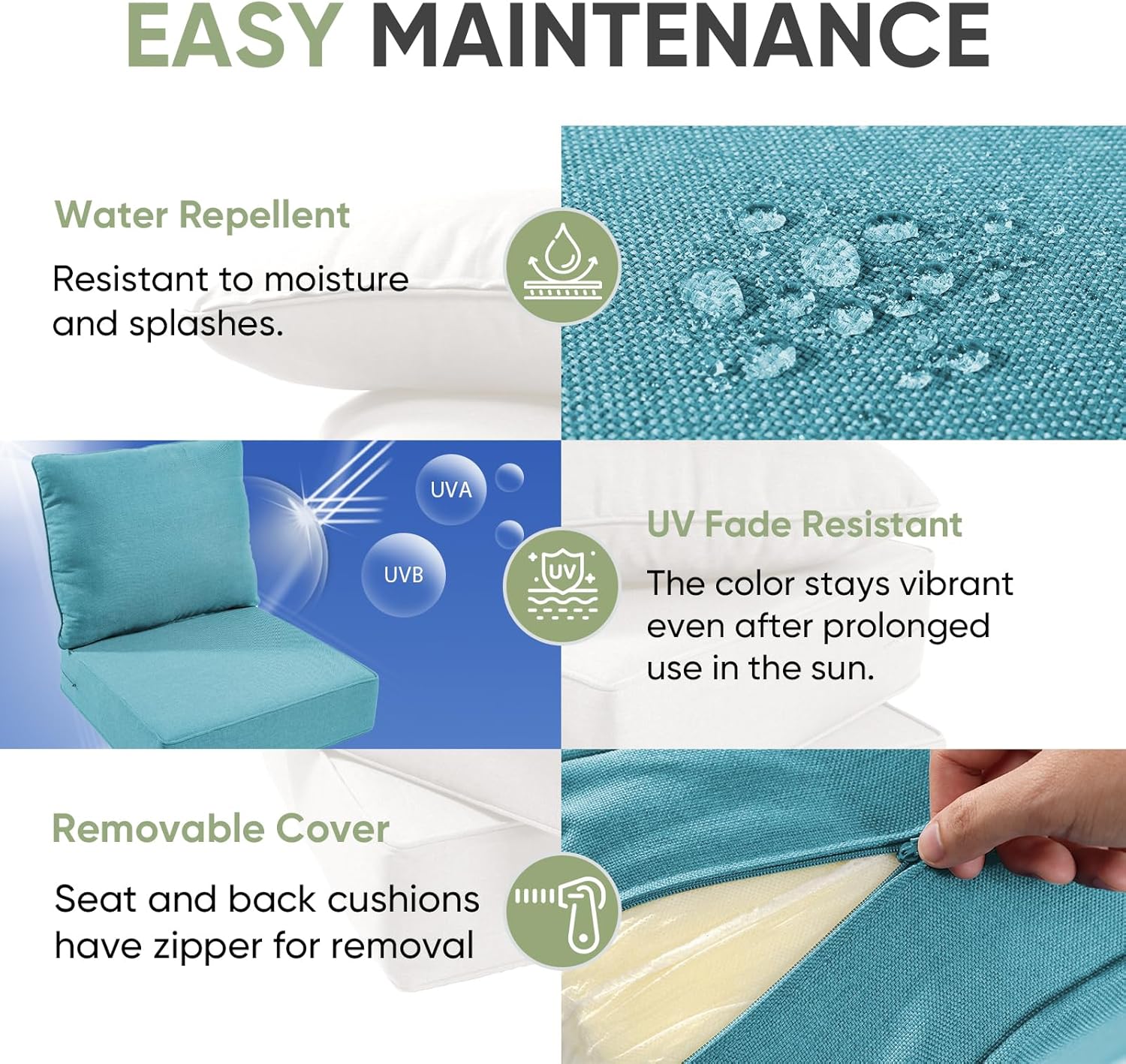 Outdoor Chair Cushion, 6 inch Thick Outdoor Cushions for Patio Furniture, 22x24 Waterproof Patio Chair Cushions, Include 1 Seat Cushion & 1 Back Pillow, Thick/Cyan Blue