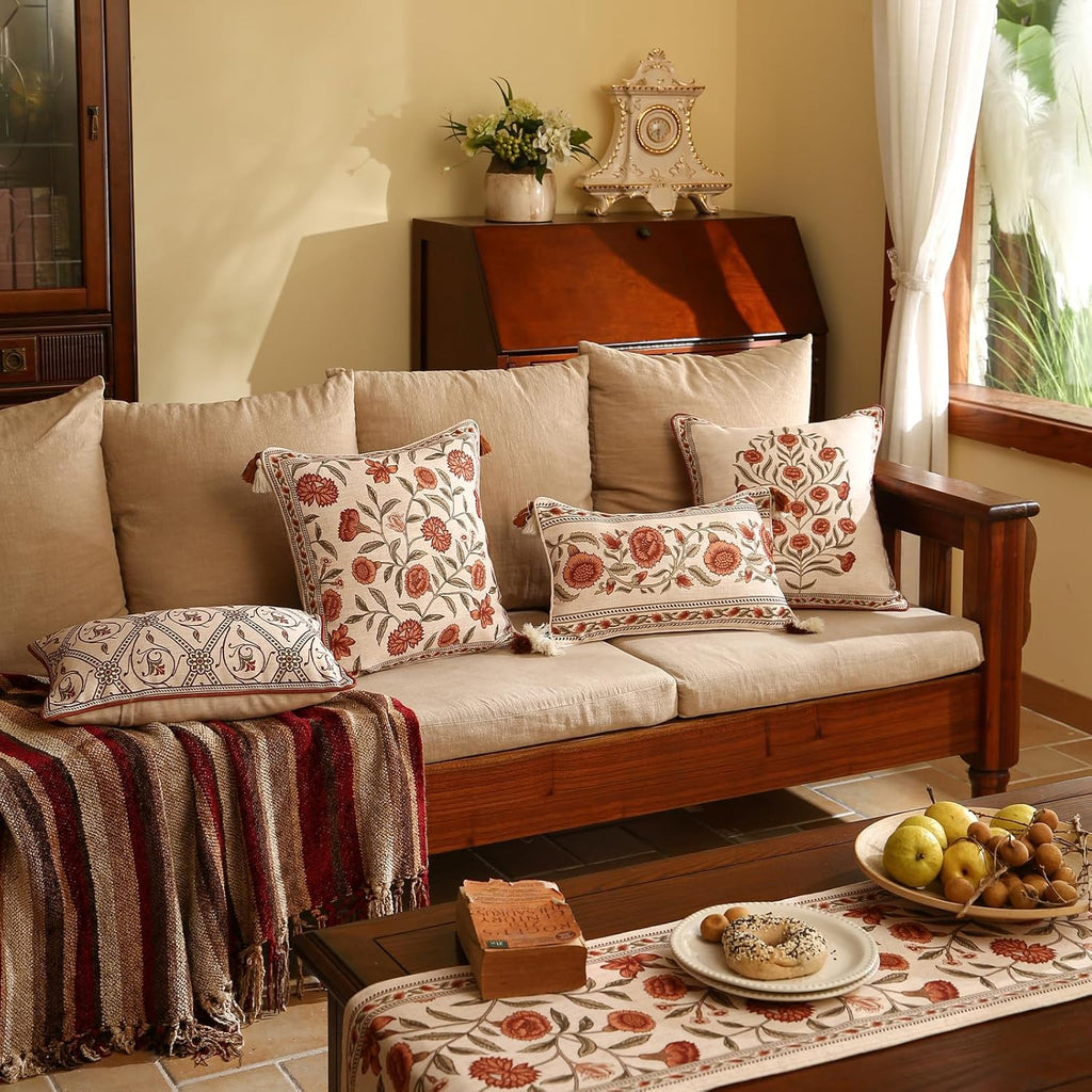 ISAENNE Design Linen Rectangle Vintage Throw Pillow Covers 12"x20", Brick Red Cushion Covers with Orange Floral Green Leaves Pattern Decor Pillowcases for Bed,Living Room,Outdoor,Car
