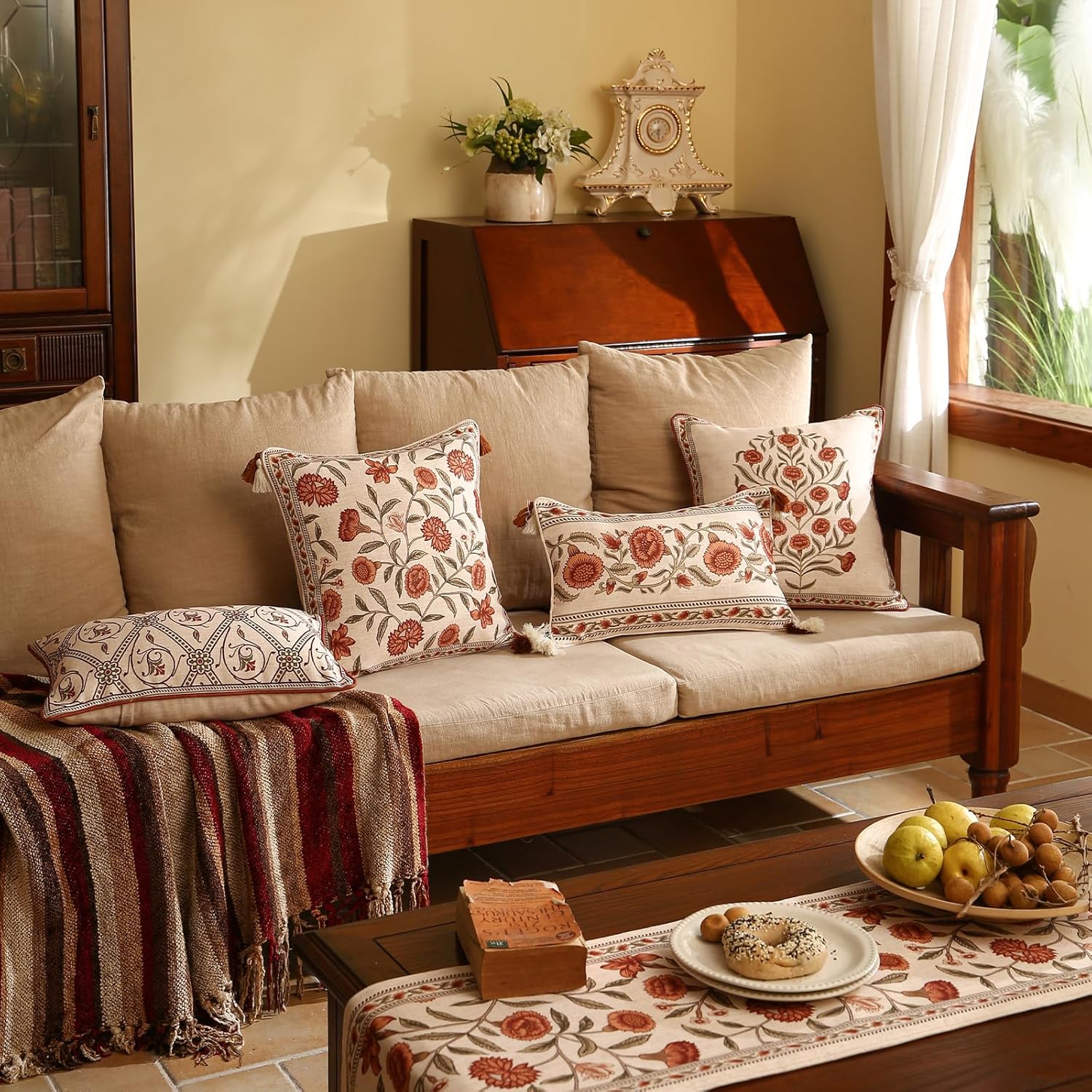 ISAENNE Design Linen Rectangle Vintage Throw Pillow Covers 12"x20", Brick Red Cushion Covers with Orange Floral Green Leaves Pattern Decor Pillowcases for Bed,Living Room,Outdoor,Car