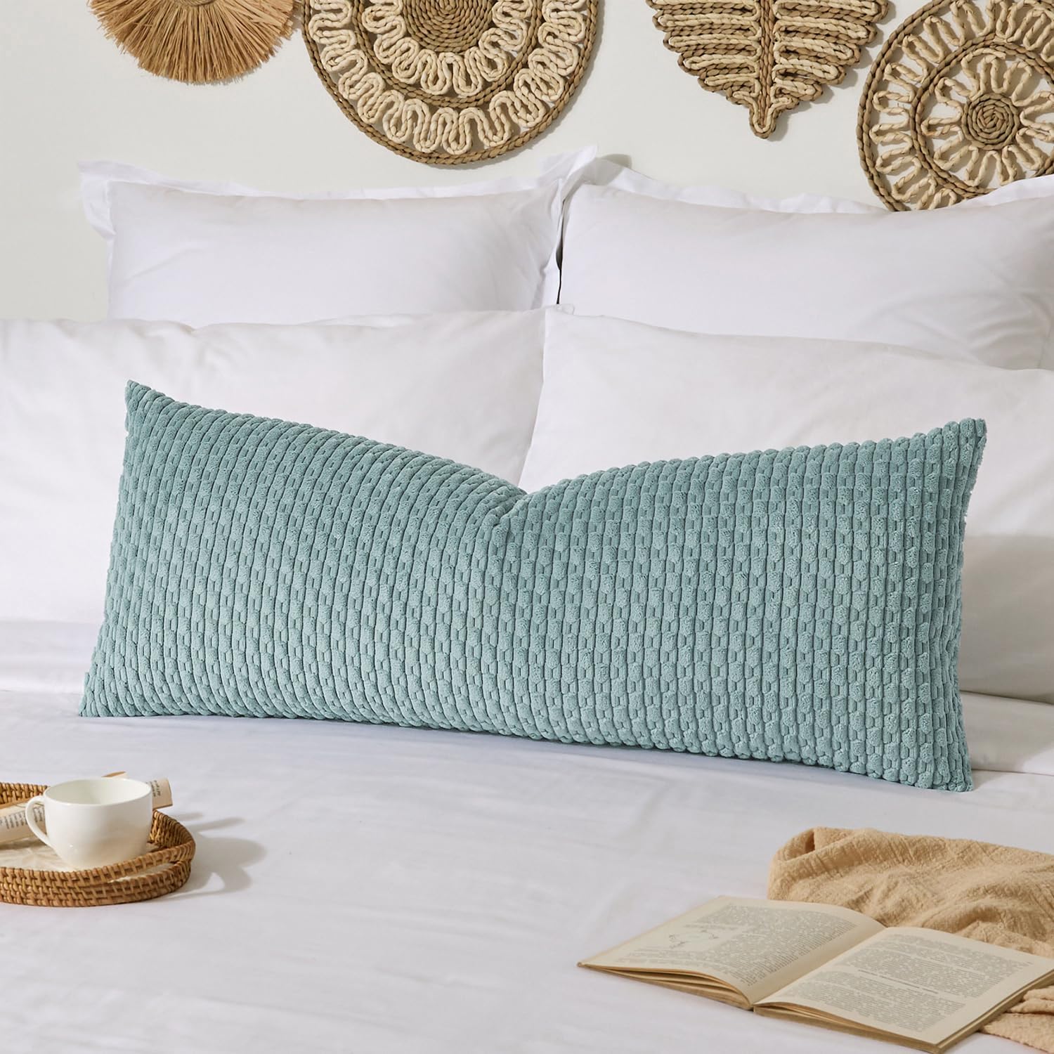 Kevin Textile 20x54 Inch Long Body Lumbar 1 Pack Boho Decorative Throw Pillow Cover Soft Striped Corduroy Rectangle Cushion Case Farmhouse Accent for Living Room Couch Sofa Bed, Dusty Green