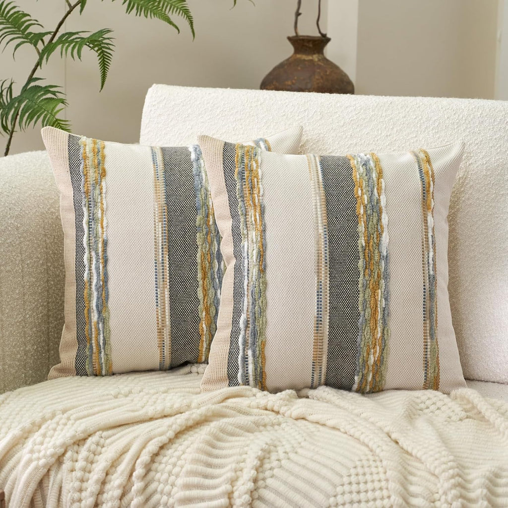 Aeckself Boho Throw Pillow Covers 18x18 Inch Set of 2, Farmhouse Decorative Striped Square Pillow Covers Chenille Tufted Pillow Cases Accent Neutral Pillowcase for Living Room Couch Bed, Yellow-Gray