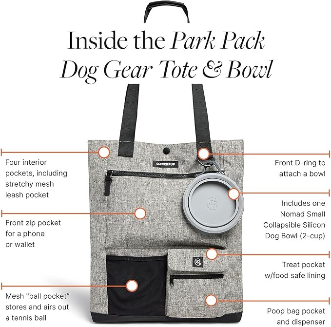 Park Pack 2-Piece Set Dog Gear Tote – Dog Travel Bag with 8 Pockets, Treat Pouch, Poop Bag Dispenser, Quick-Dry Ball Pocket, Collapsible Bowl, Perfect for Walks & Park Trips, Heather Grey